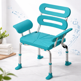 Shower chair with armrests and backrest displayed on a tiled floor, featuring a teal frame and cushioned seat