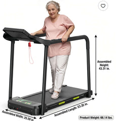 Woman standing on a treadmill with dimensions and weight information displayed.