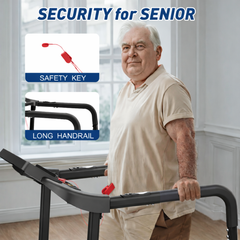Walking treadmill with long support handrail and safety key for seniors