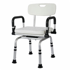 Shower chair with white seat and black armrests on a tiled floor.