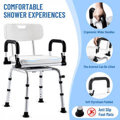 Shower chair with padded armrests and comfortable seat design