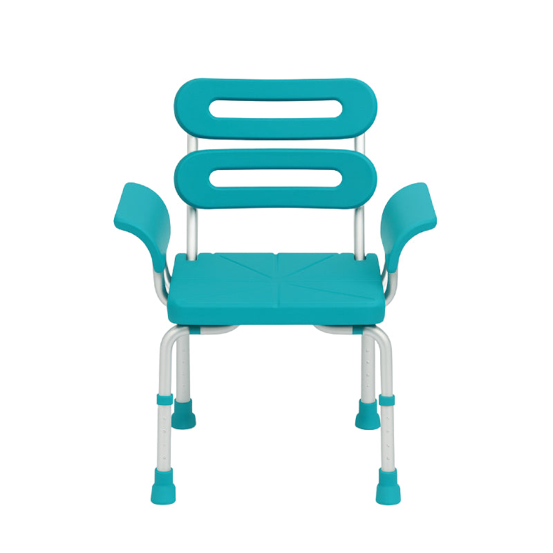 Front view of foldable shower chair with adjustable legs and armrests