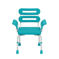 Front view of foldable shower chair with adjustable legs and armrests