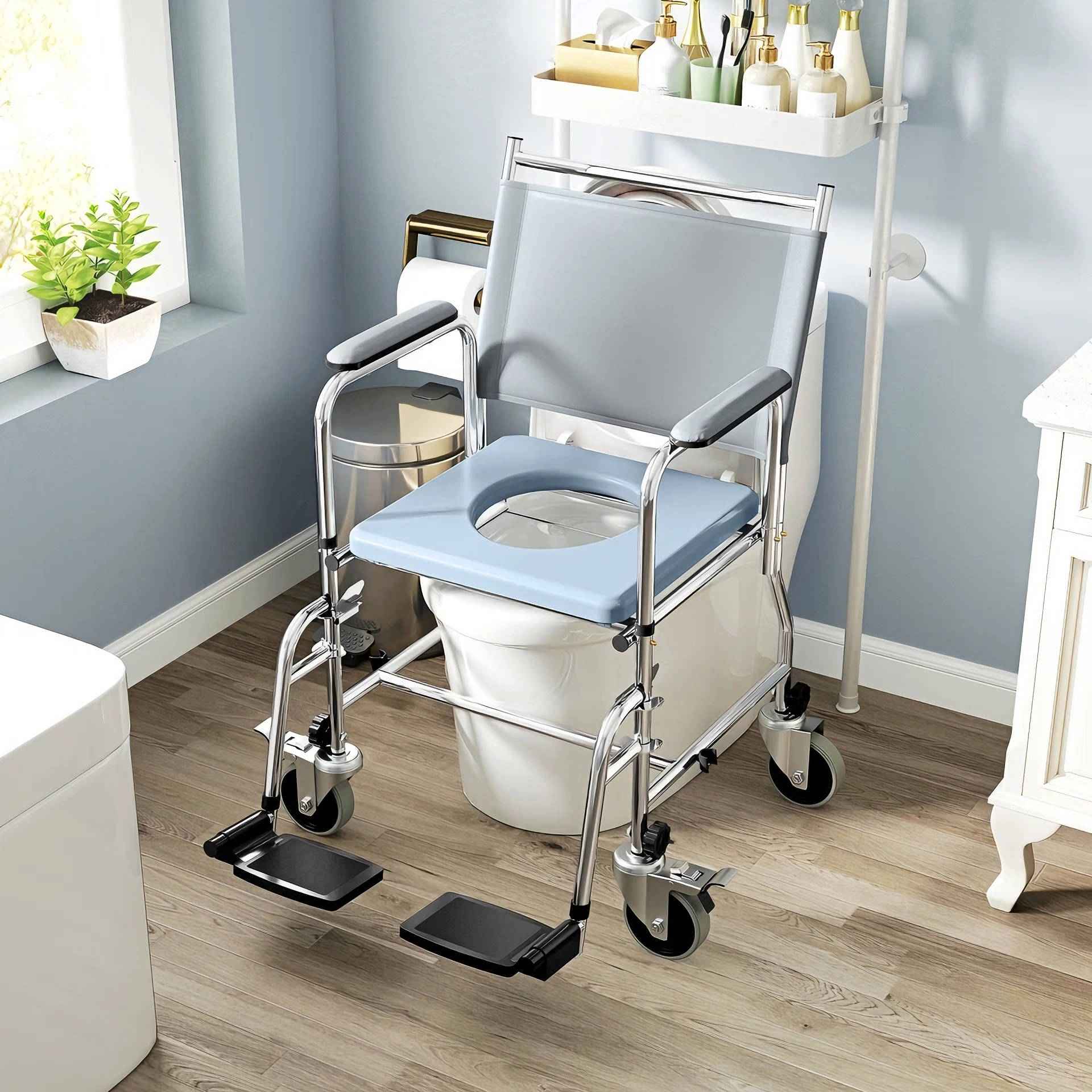 Mobility chair with a commode seat in a bathroom setting