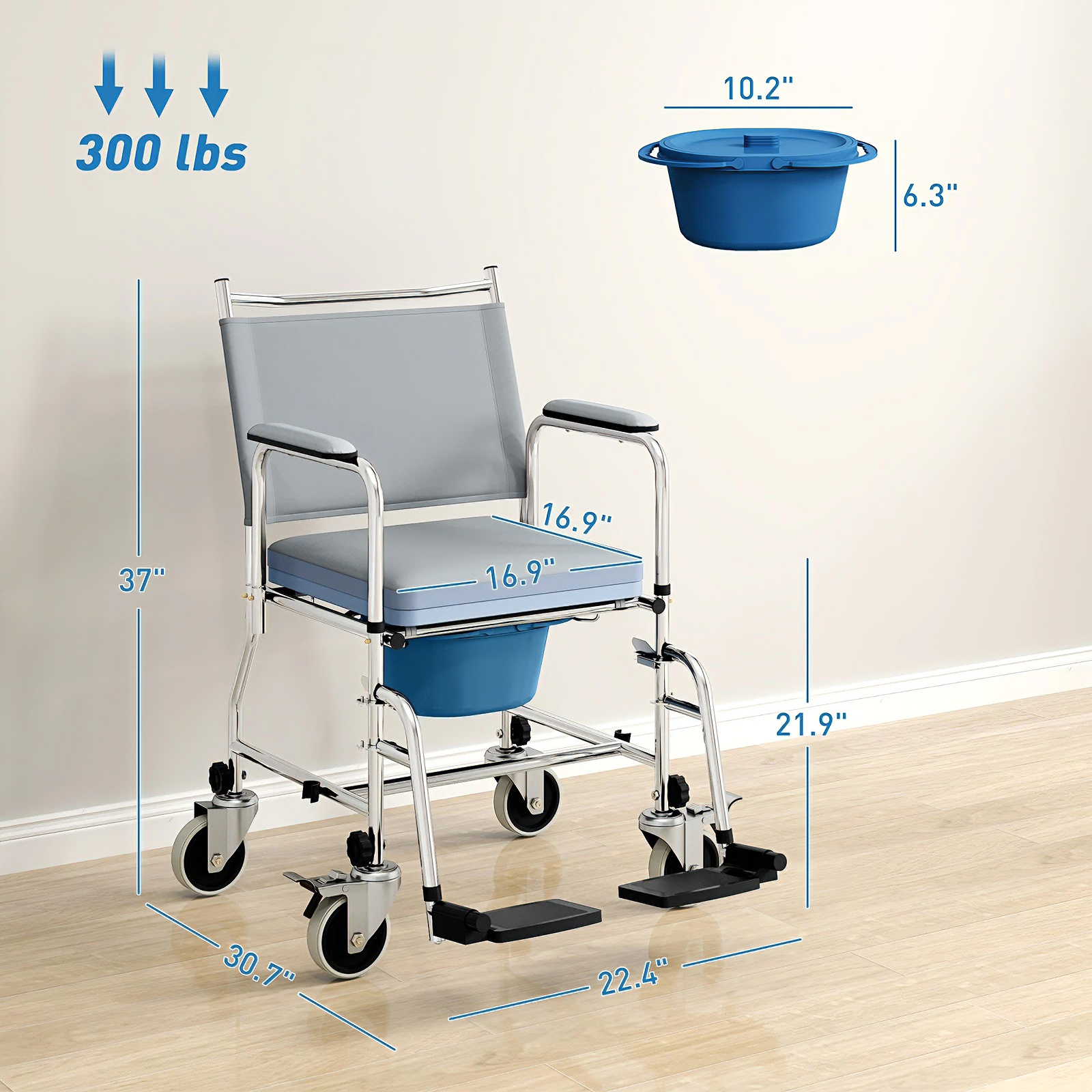 Bath chair with dimensions and weight capacity on a neutral background