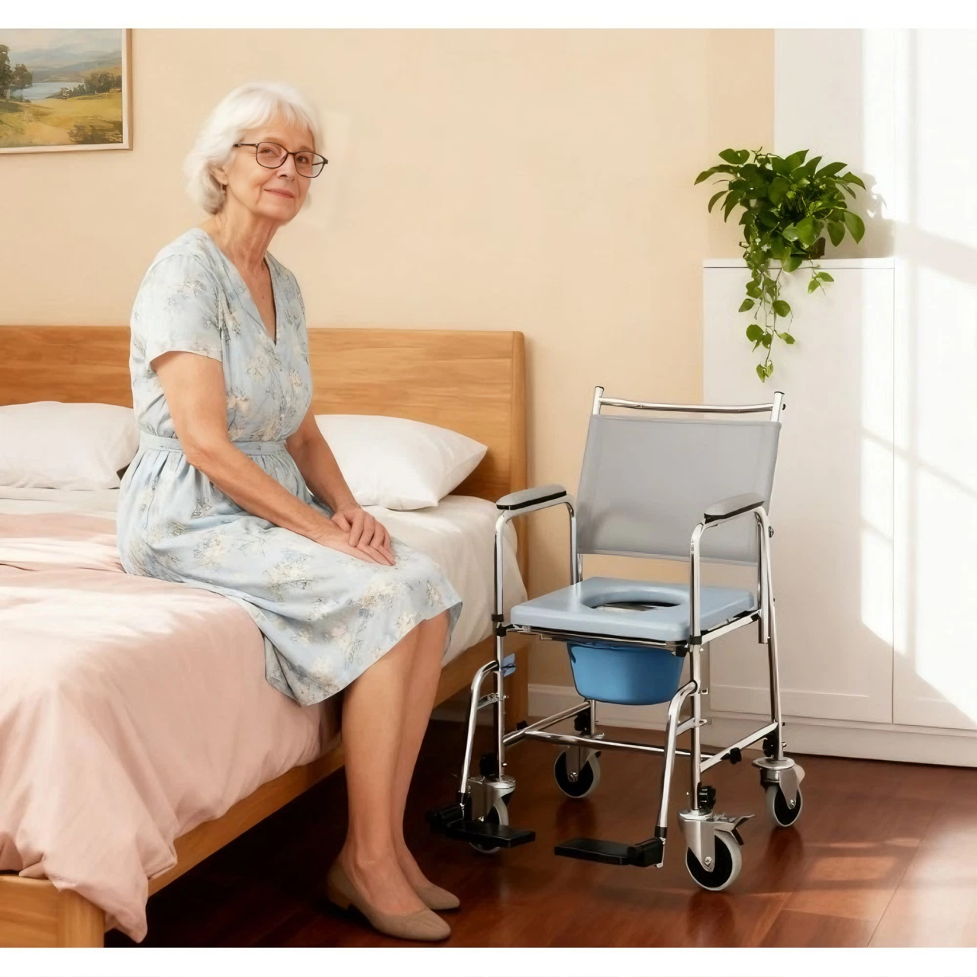 Shower Commode Wheelchair with Wheels & Removable Bucket