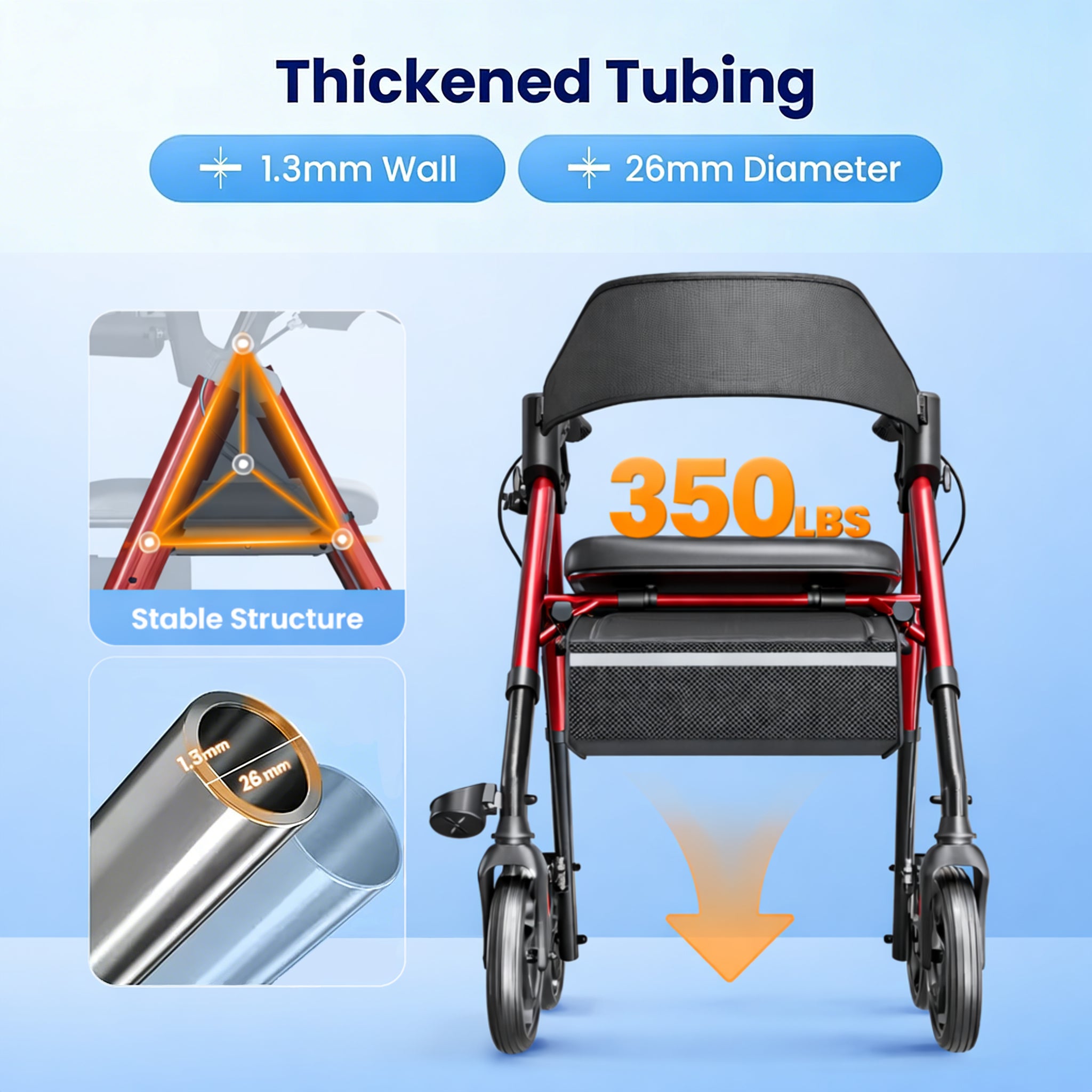 Heavy-duty rollator walker with seat supporting 350 lbs, strong frame 4-wheel walker for seniors