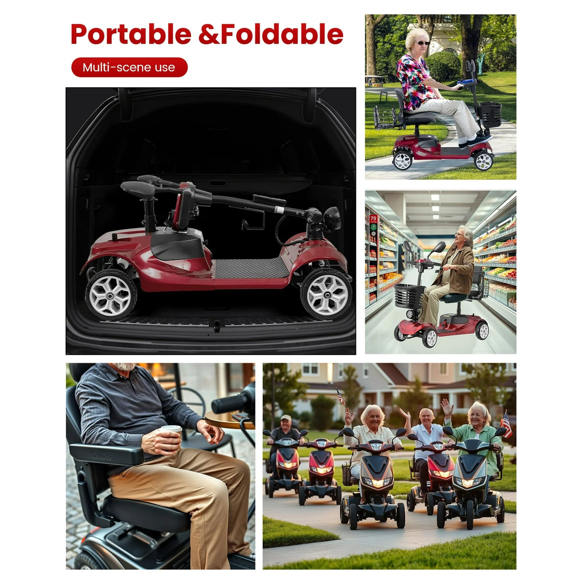 Heavy-duty outdoor folding mobility scooter used in daily community and shopping scenarios