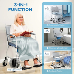 Woman using a 3-in-1 function medical chair with text and images of its uses.