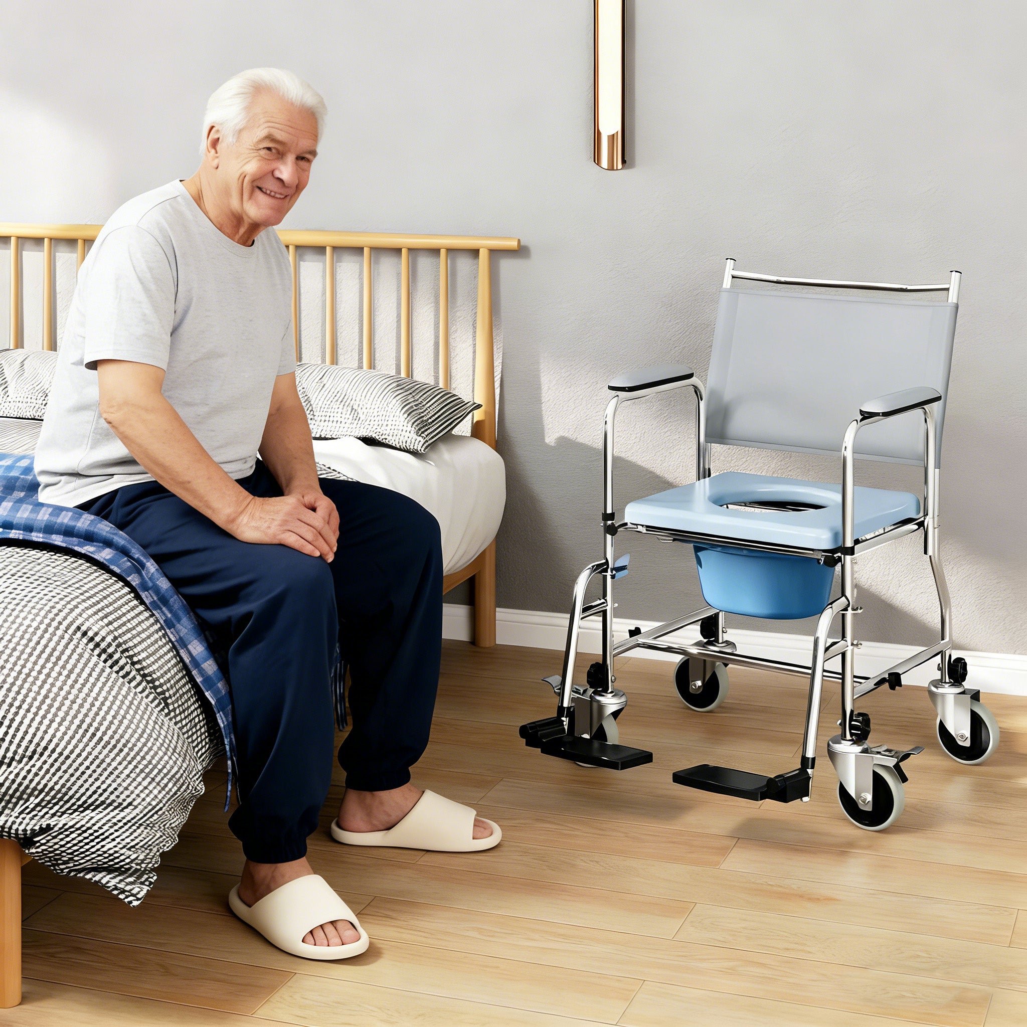 sitting on a bed next to a commode chair in a bedroom setting.