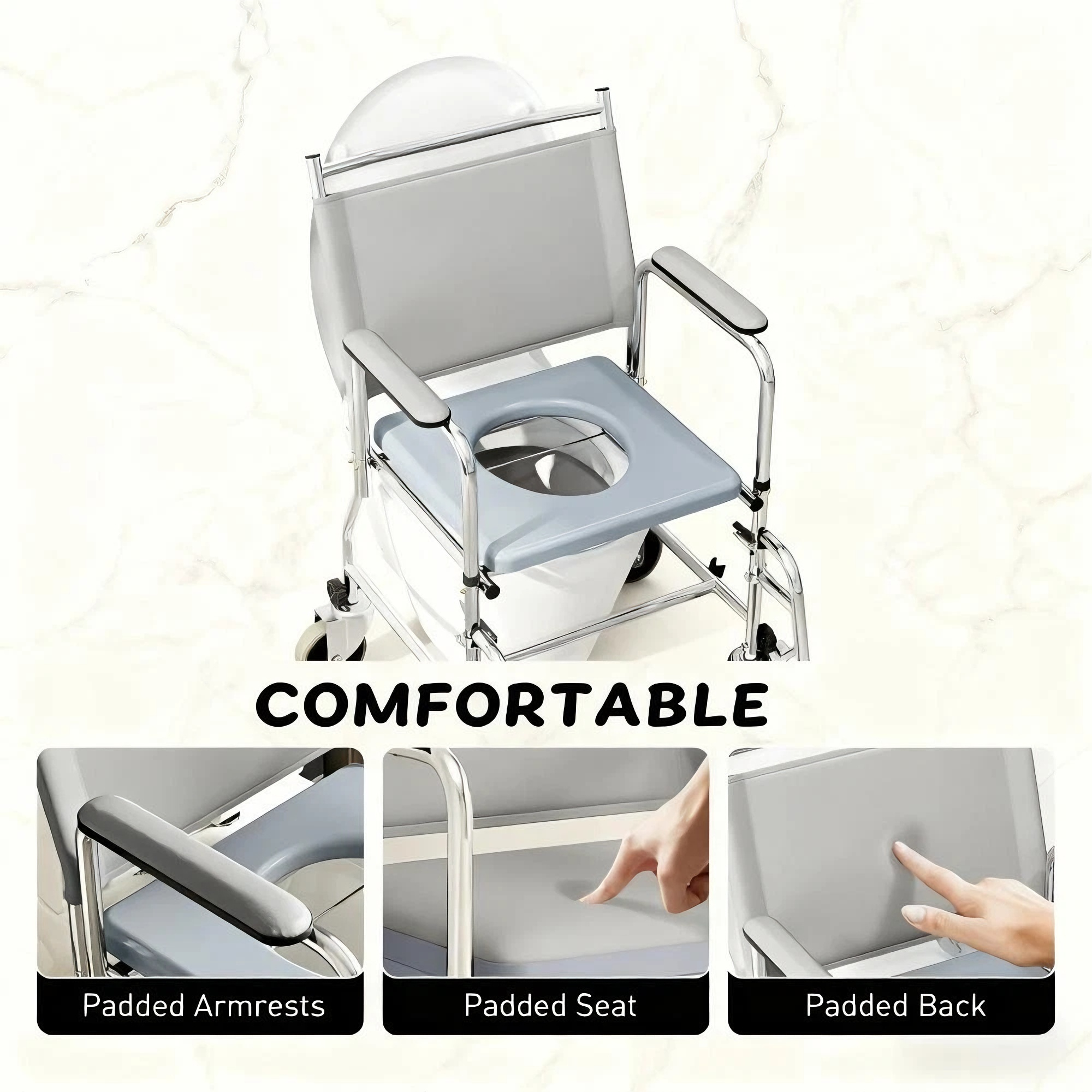 Commode chair with padded armrests, seat