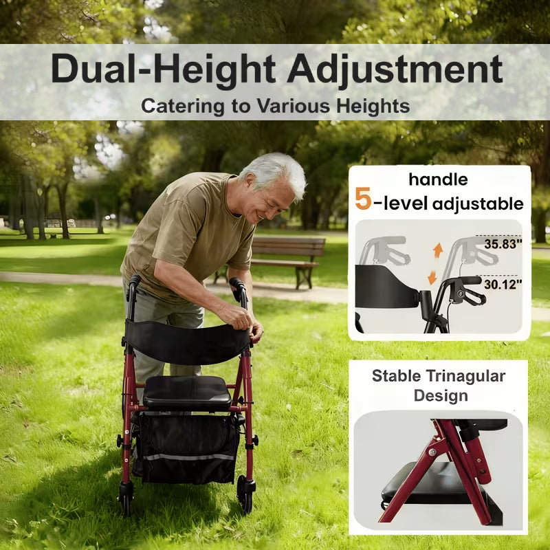 Rollator walker with adjustable handle height, lightweight folding walker for seniors