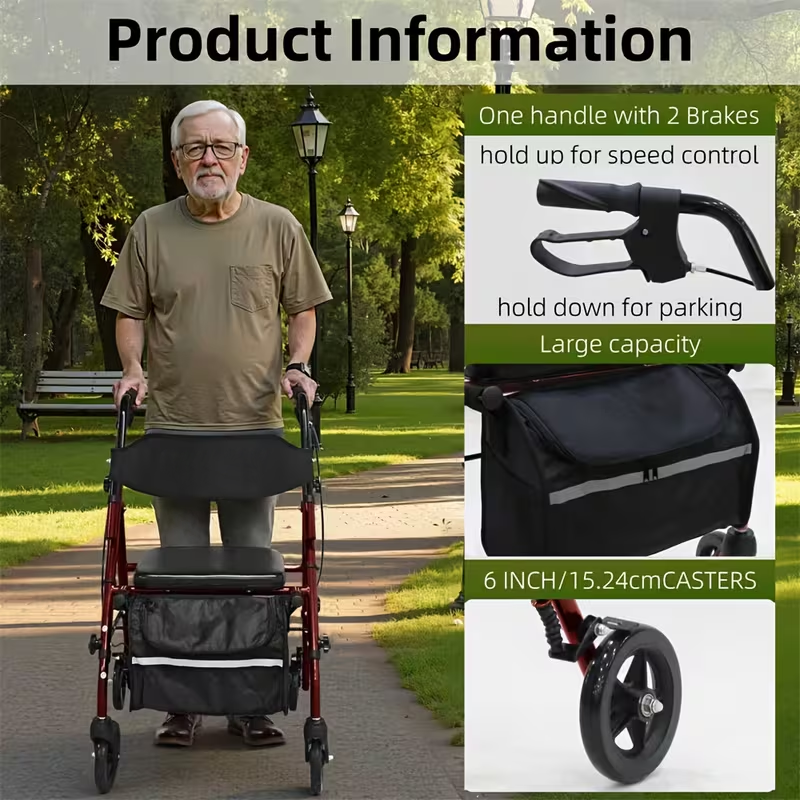 Rollator walker with dual brake system and storage bag, lightweight outdoor mobility aid