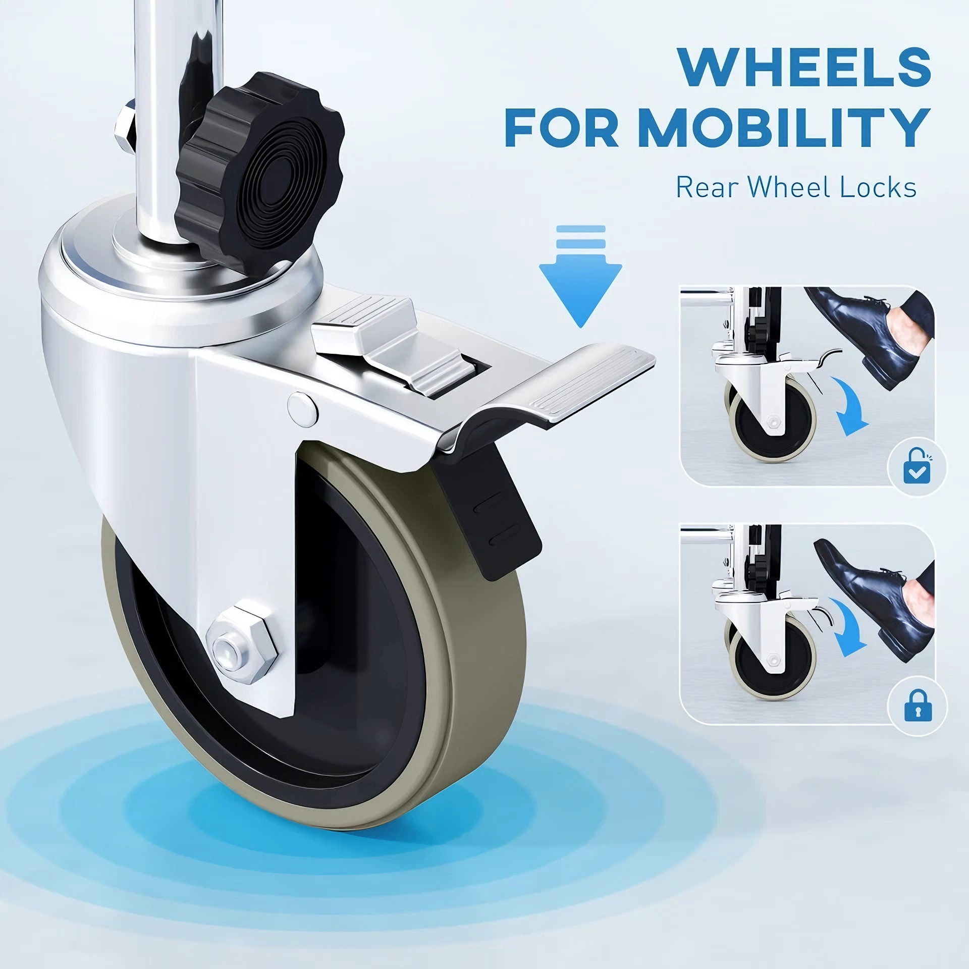 Mobility wheel with rear wheel locks on a light blue background