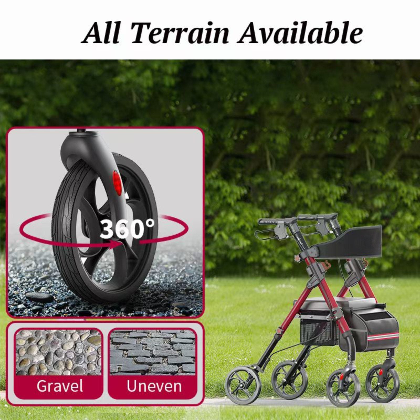 Big wheels rollator walker with 360-degree front wheels, outdoor all-terrain mobility