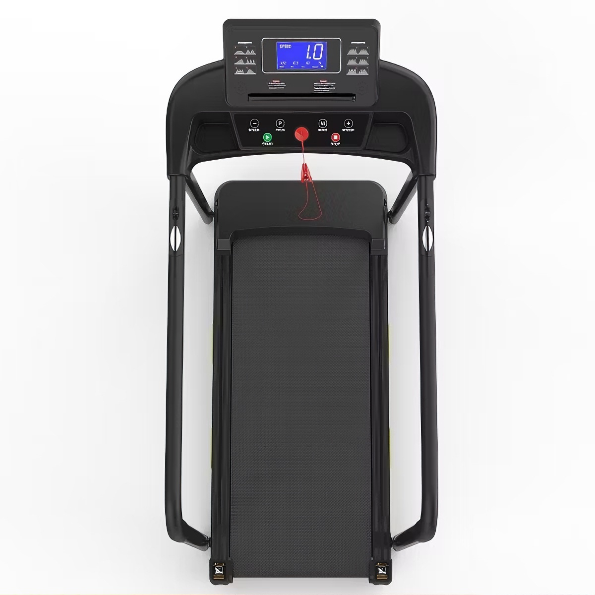 Overhead view of walking pad treadmill with handle, compact belt design