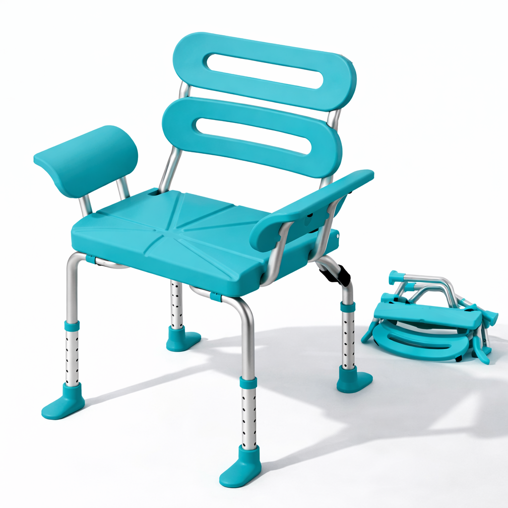 Shower chair with armrests and backrest shown alongside folded components, highlighting compact storage form