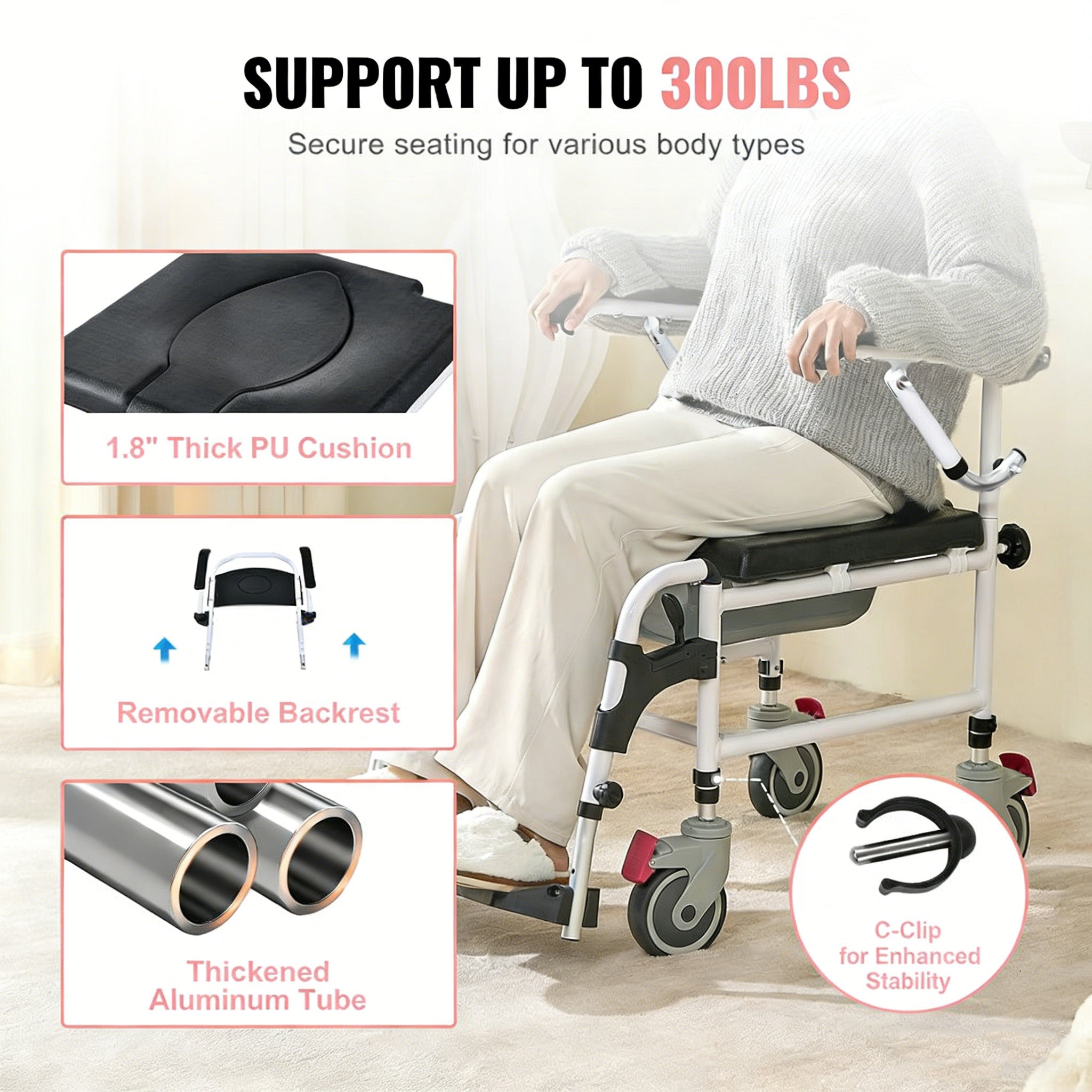 Portable Rolling Toilet Commode Chair