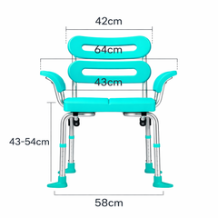 Shower chair dimension illustration showing seat width, backrest height, and overall proportions