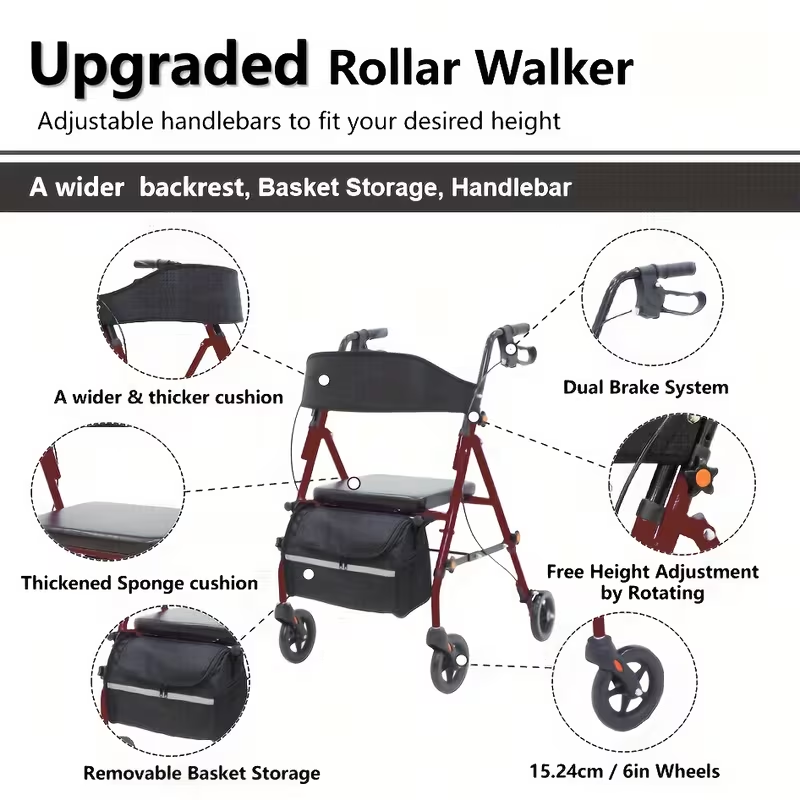 Upgraded rollator walker with wider backrest, adjustable handlebars, and strong frame design