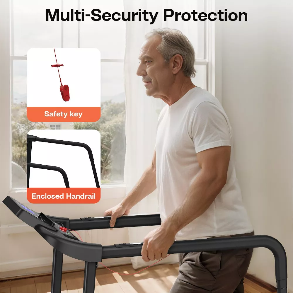 Walking pad with handle and safety key, secure walking treadmill for seniors