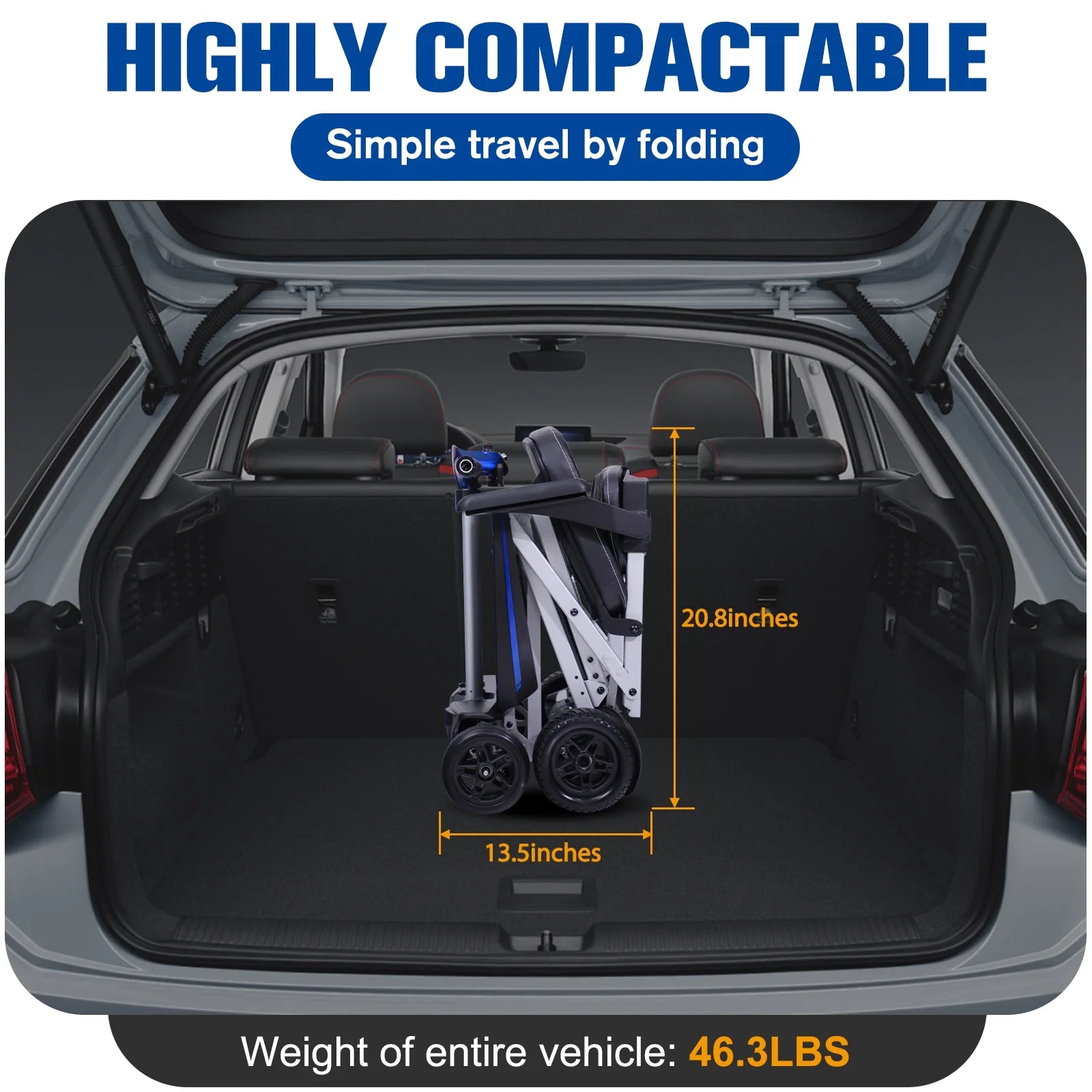 Compact foldable mobility scooter fitting easily into a car trunk for travel convenience
