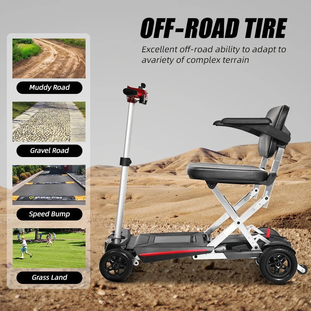 4-wheel mobility scooter suitable for grass, gravel, mud, and uneven terrain