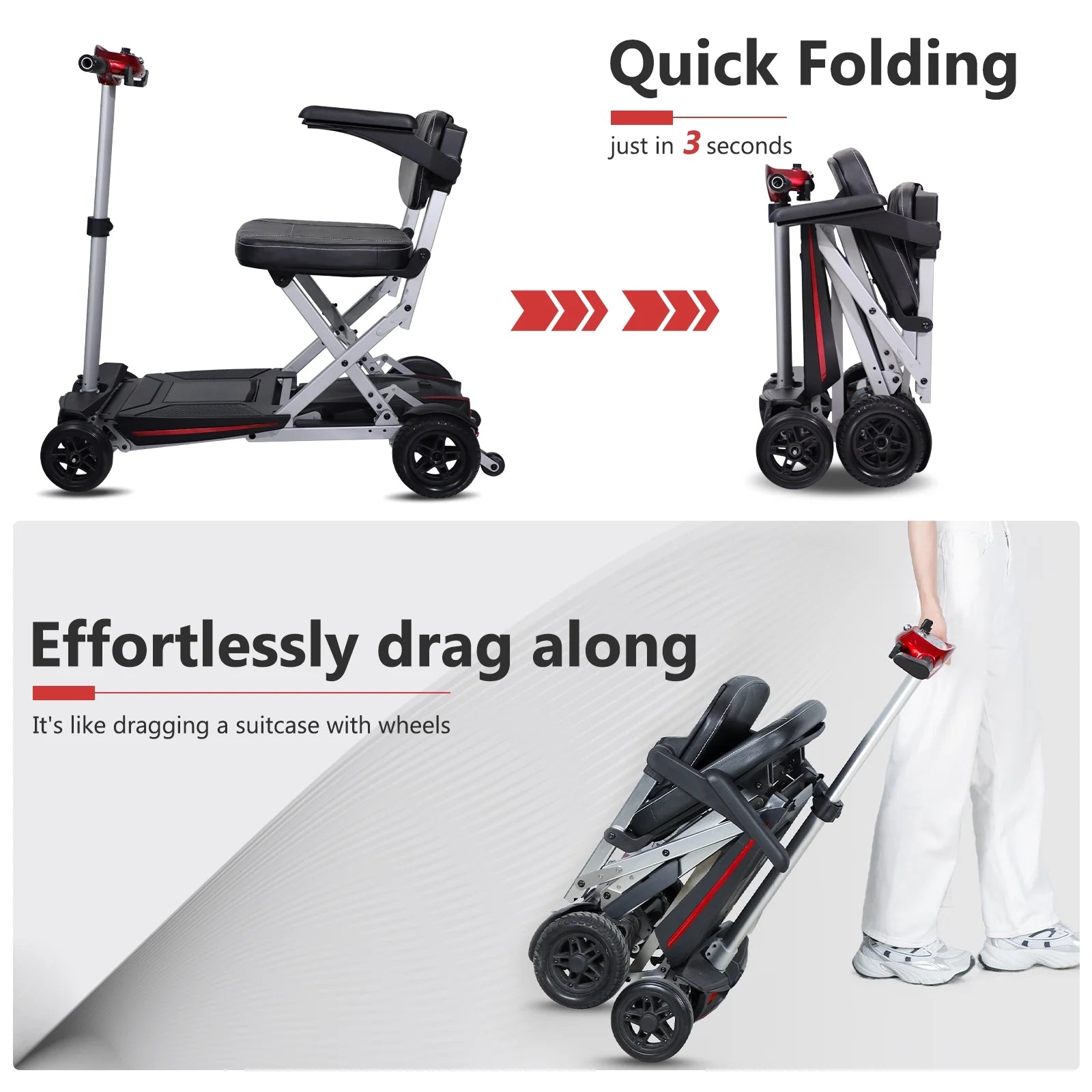 Mobility scooter with quick 3-second folding mechanism for easy storage
