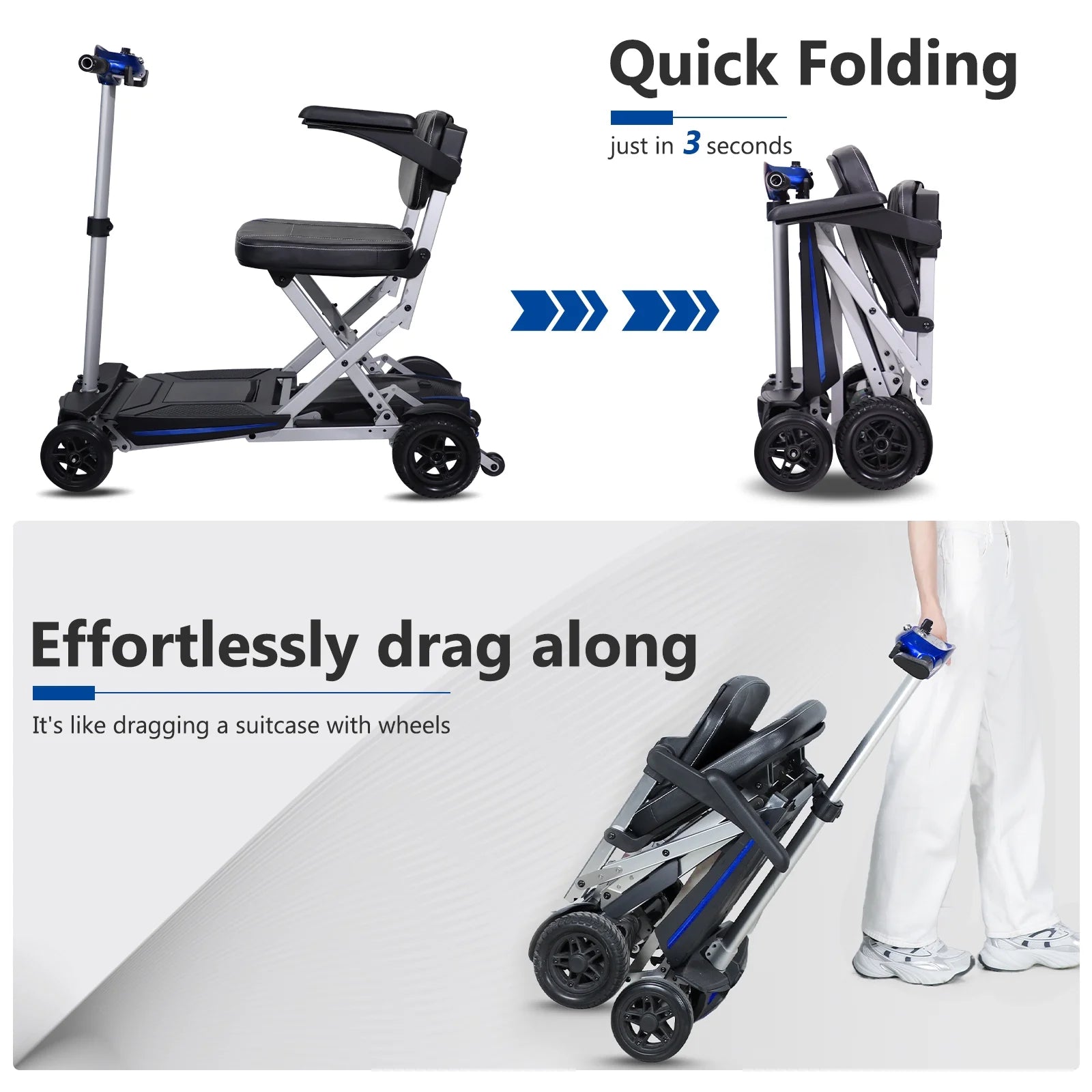 Foldable mobility scooter that folds in 3 seconds and can be dragged like a suitcase