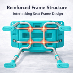 Shower chair shown with reinforced frame design highlighted through structural diagram