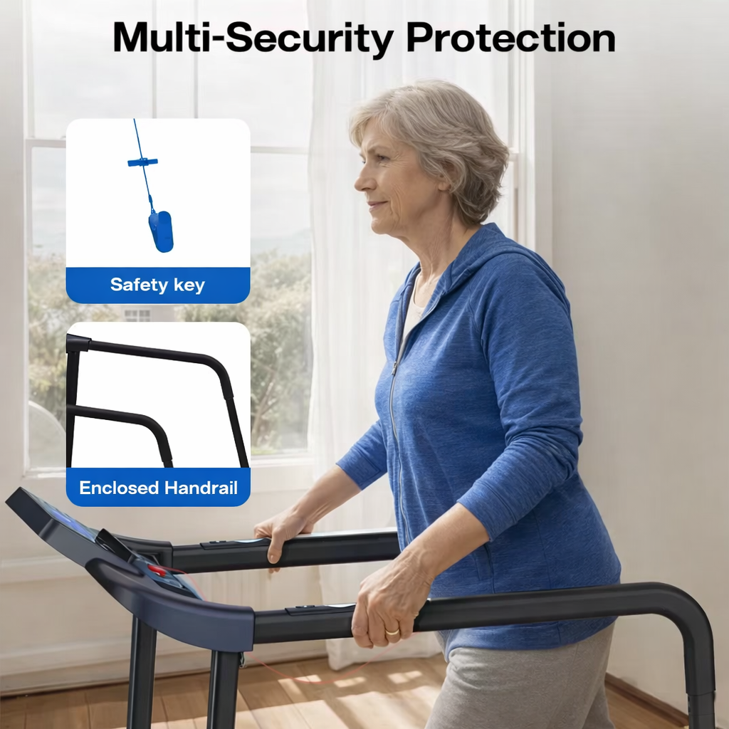Walking treadmill for seniors with enclosed handrail and safety key protection