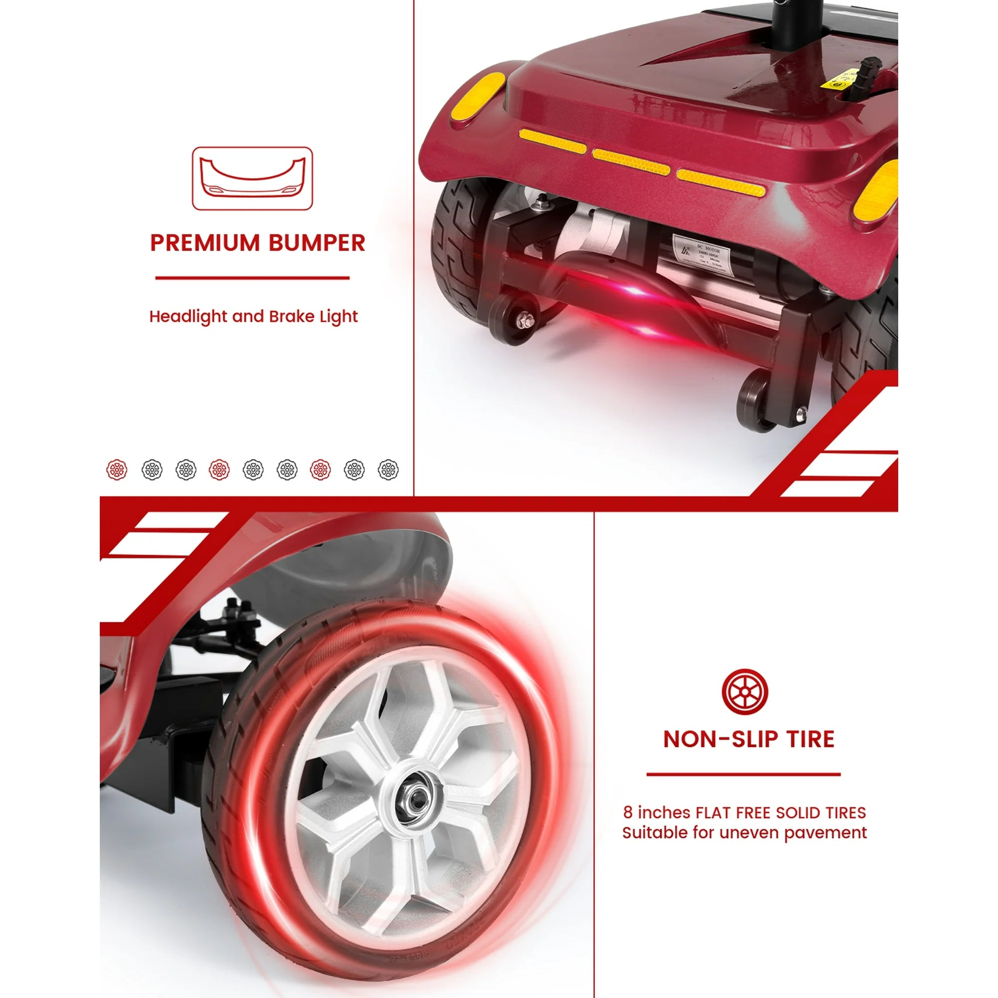 Safety features including non-slip tires and protective bumper on heavy-duty outdoor mobility scooter