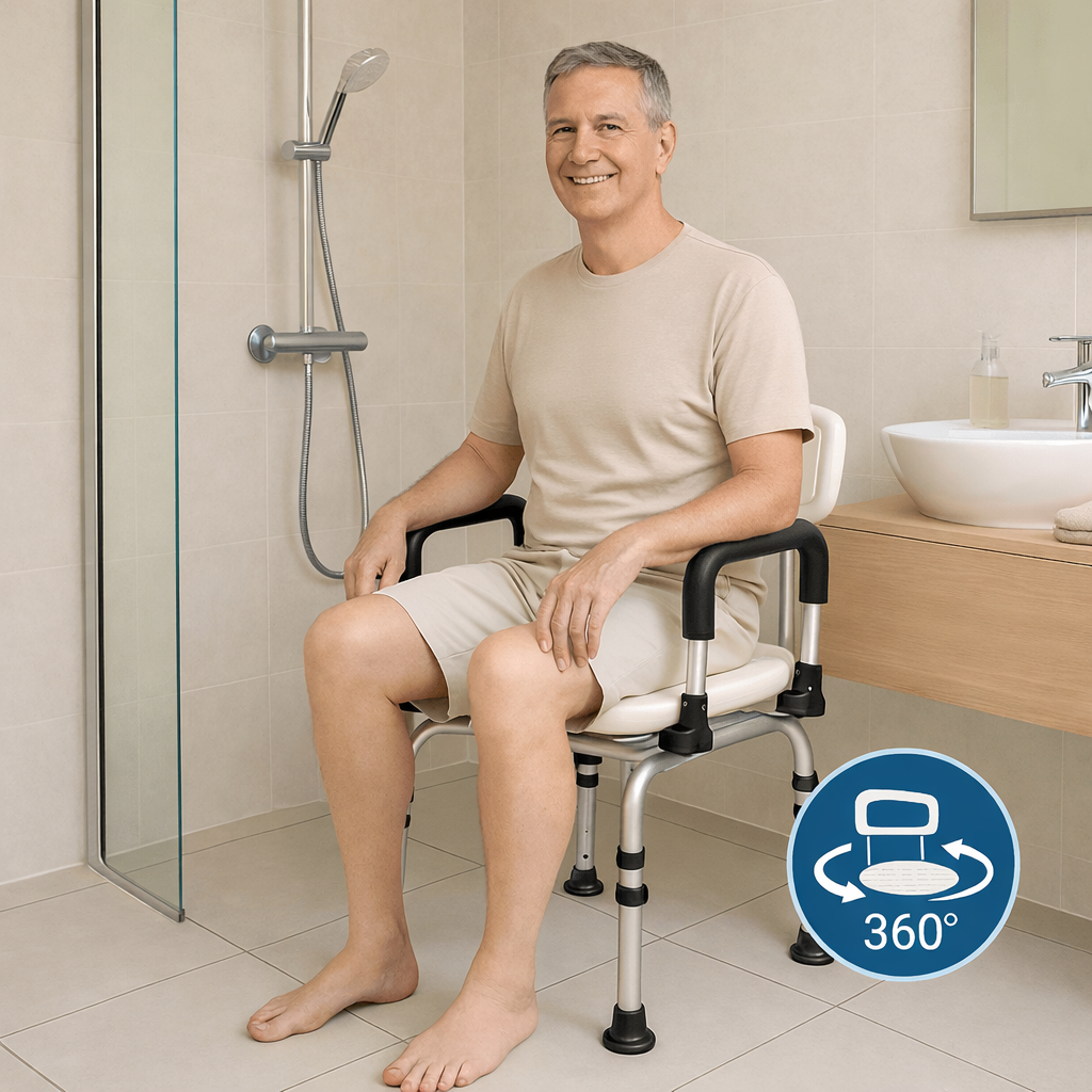 Shower chair with armrests and backrest shown in a bathroom setting, illustrating seated use and swivel design