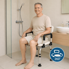 Shower chair with armrests and backrest shown in a bathroom setting, illustrating seated use and swivel design