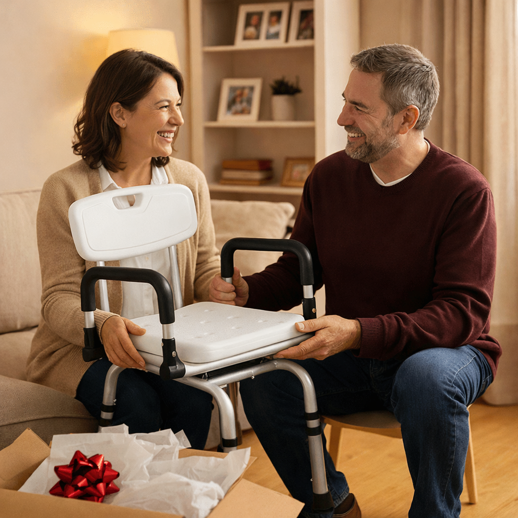 Two elderly people sitting together with a shower chair in a cozy living room.