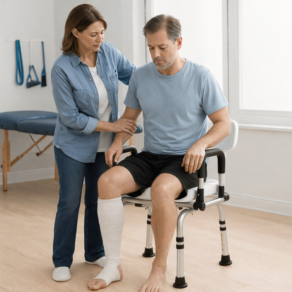 Shower chair with armrests and backrest shown in an indoor setting, illustrating seated positioning with assisted guidance