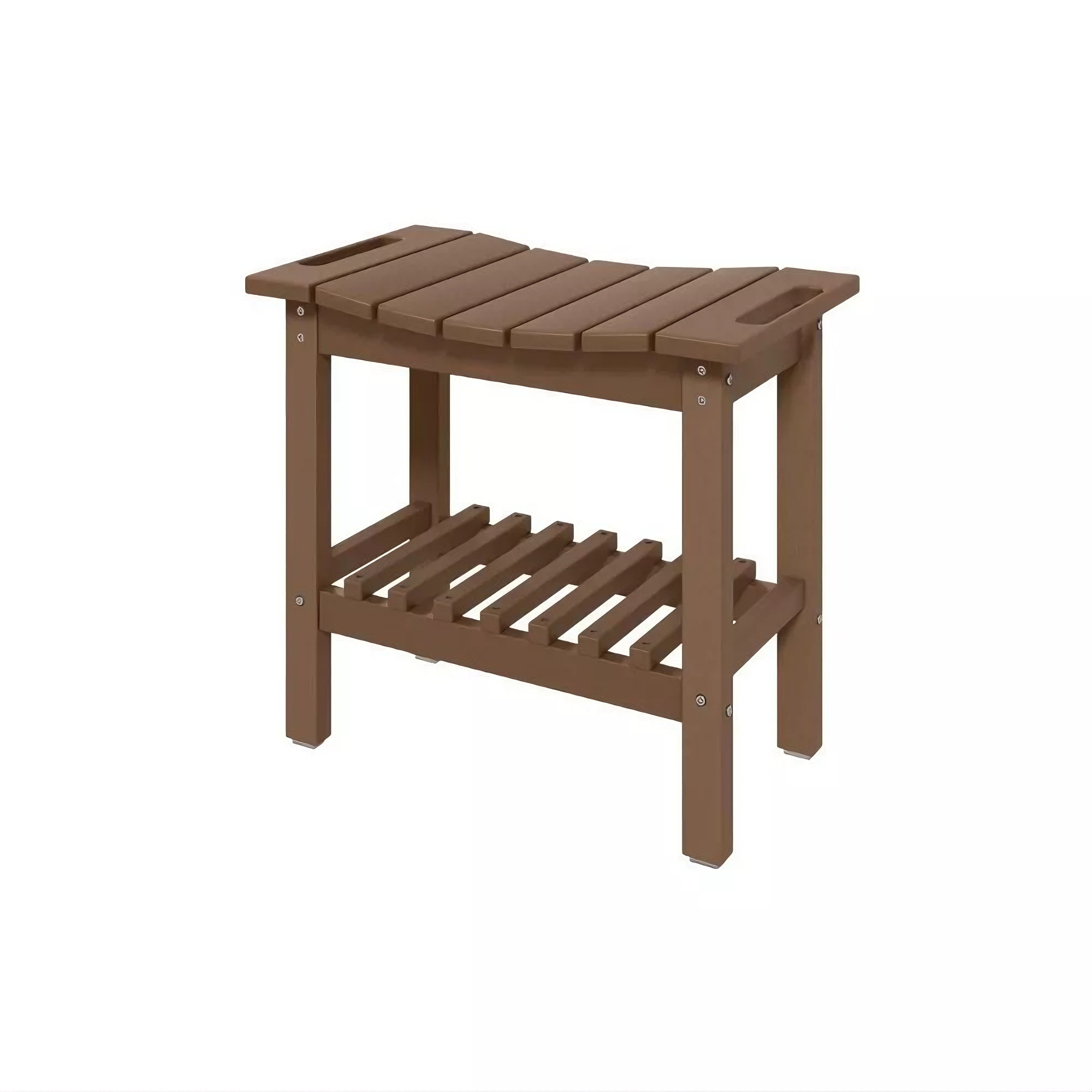 Brown wooden bench with a shelf on a white background