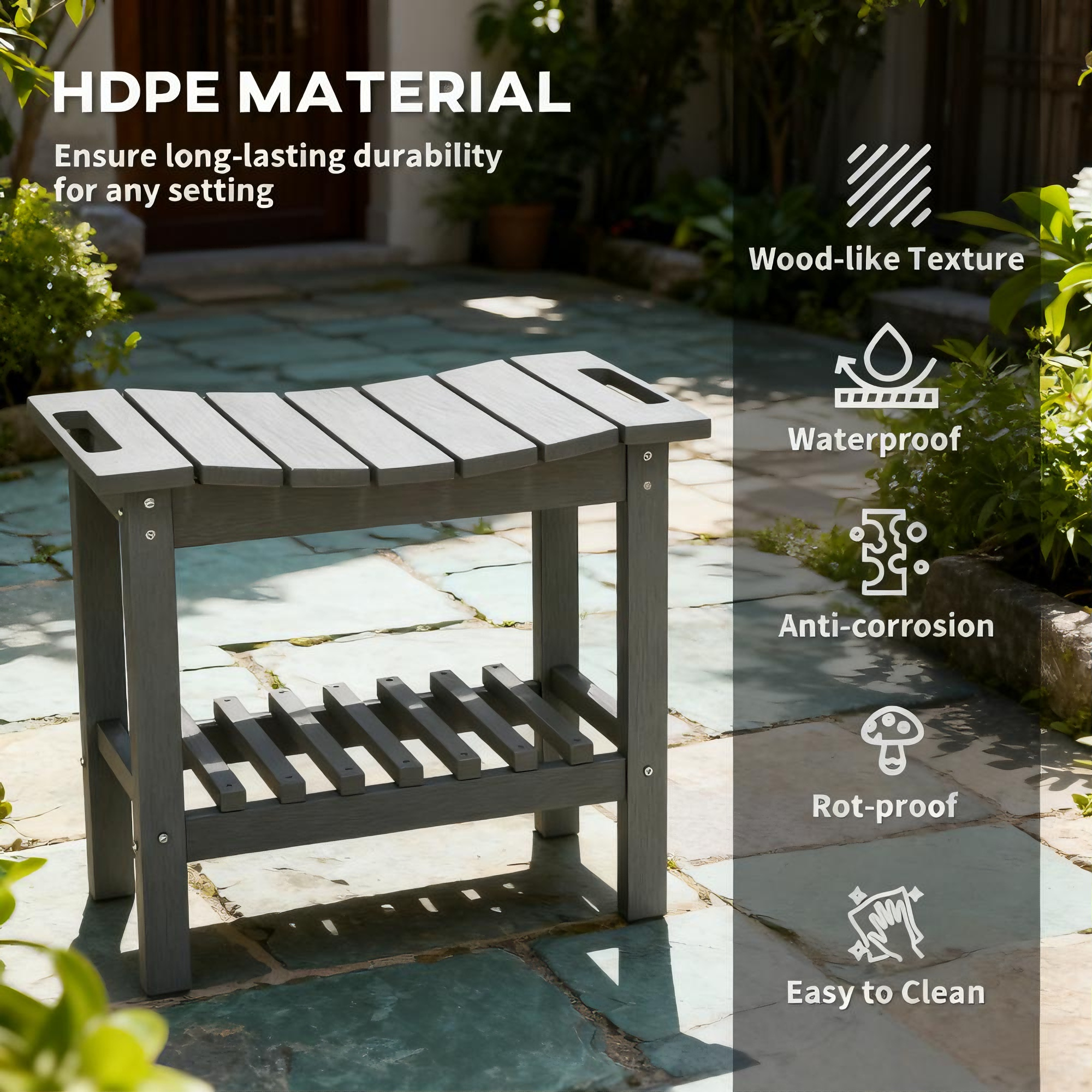 Gray outdoor stool with HDPE material features on a patio background
