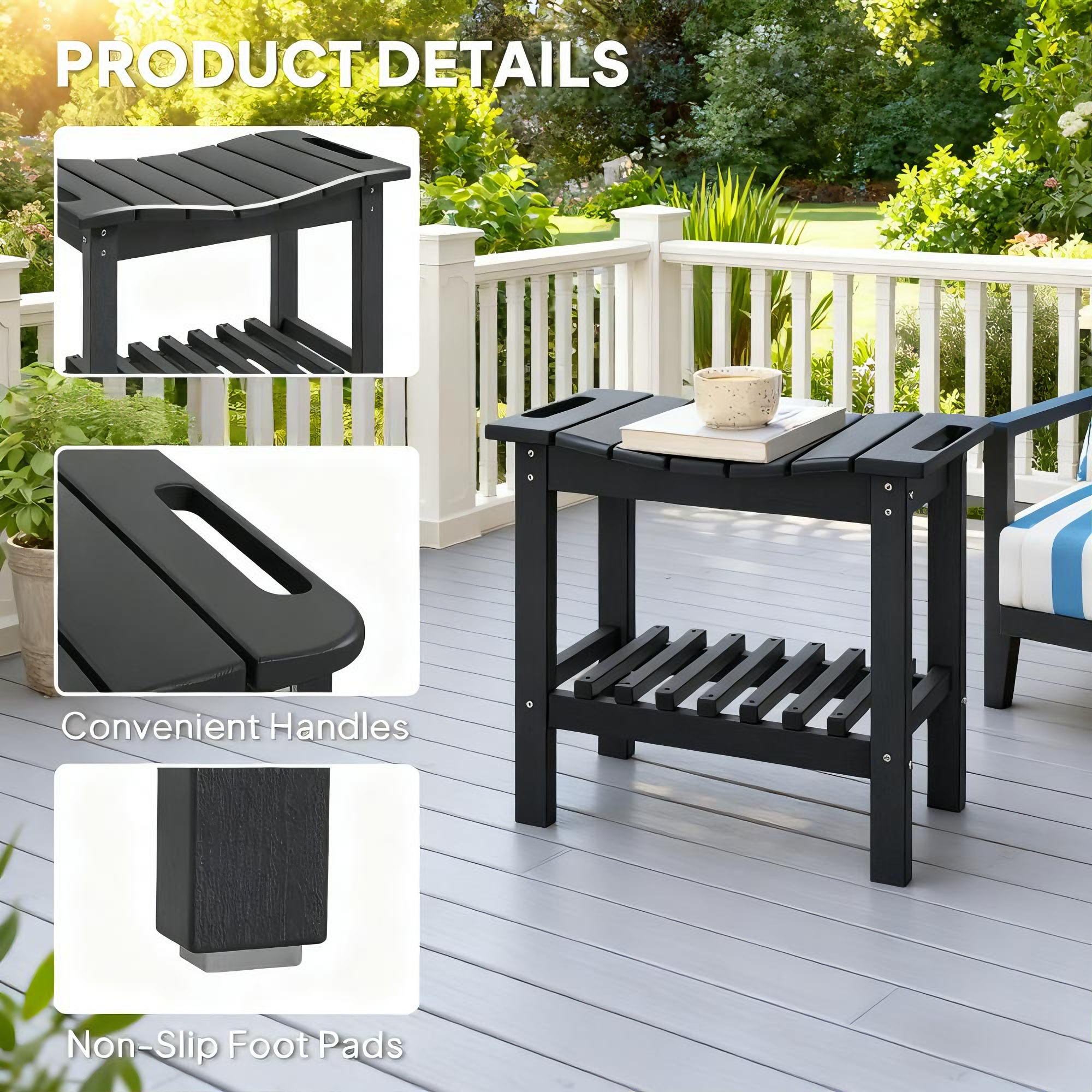 Black outdoor table with convenient handles and non-slip foot pads on a deck.