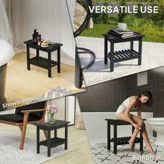 Black side table, shower bench, and bath stool with various uses in different settings.