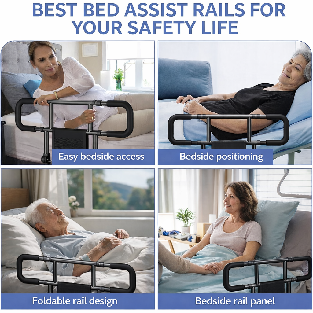 Bed assist rails with images of people using them in a bedroom setting.