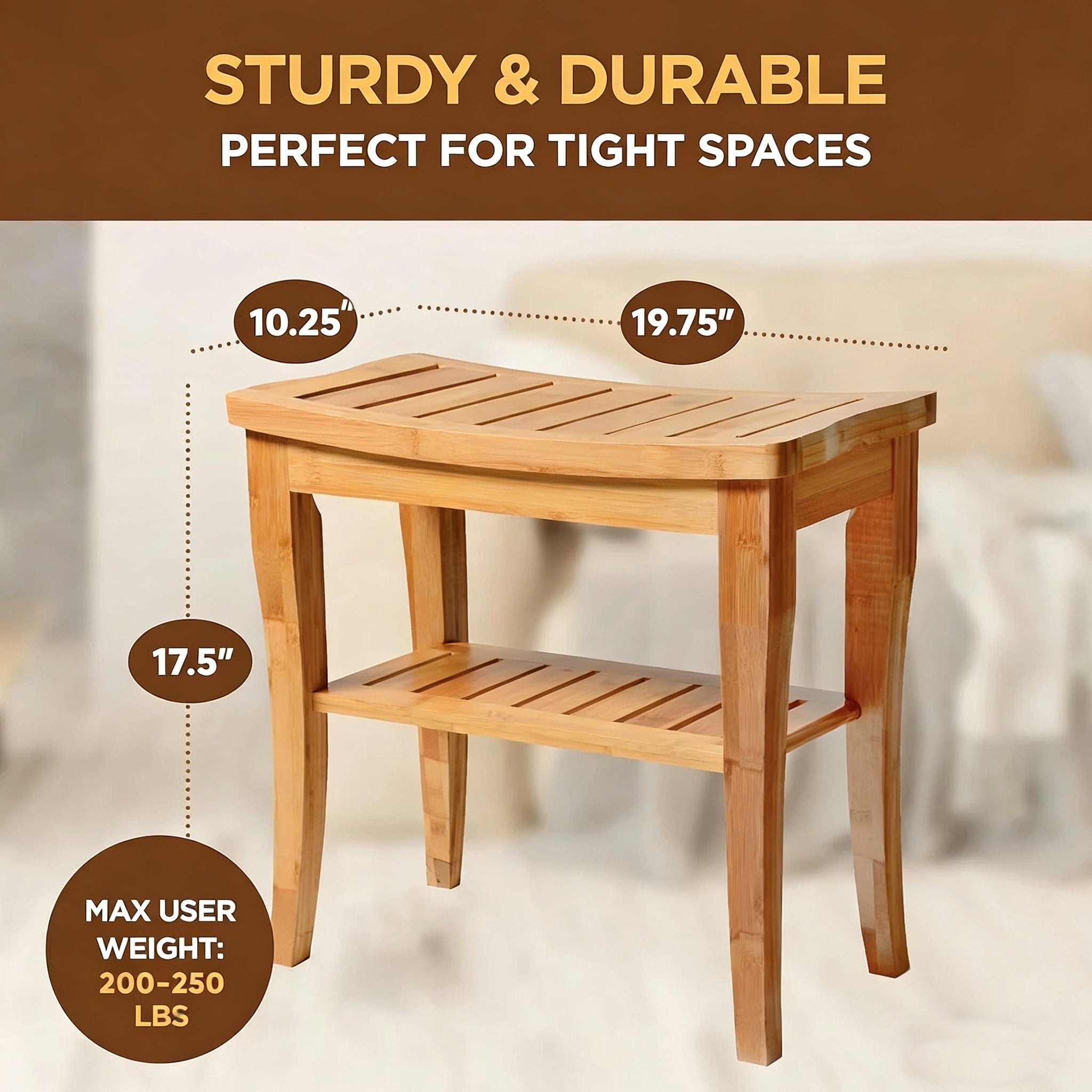 Wooden stool with dimensions and weight capacity text on a neutral background