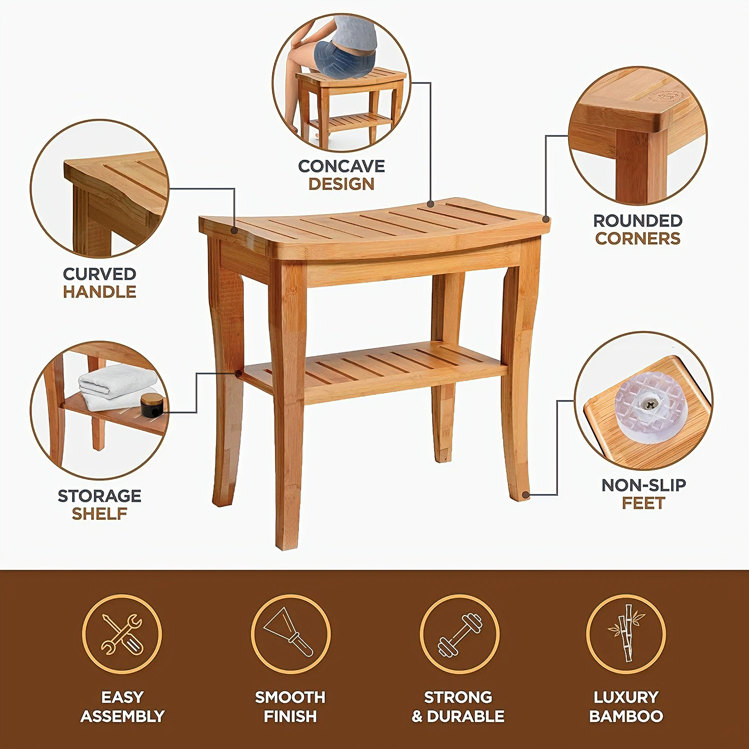 Wooden stool with features highlighted and a brown banner with product benefits.