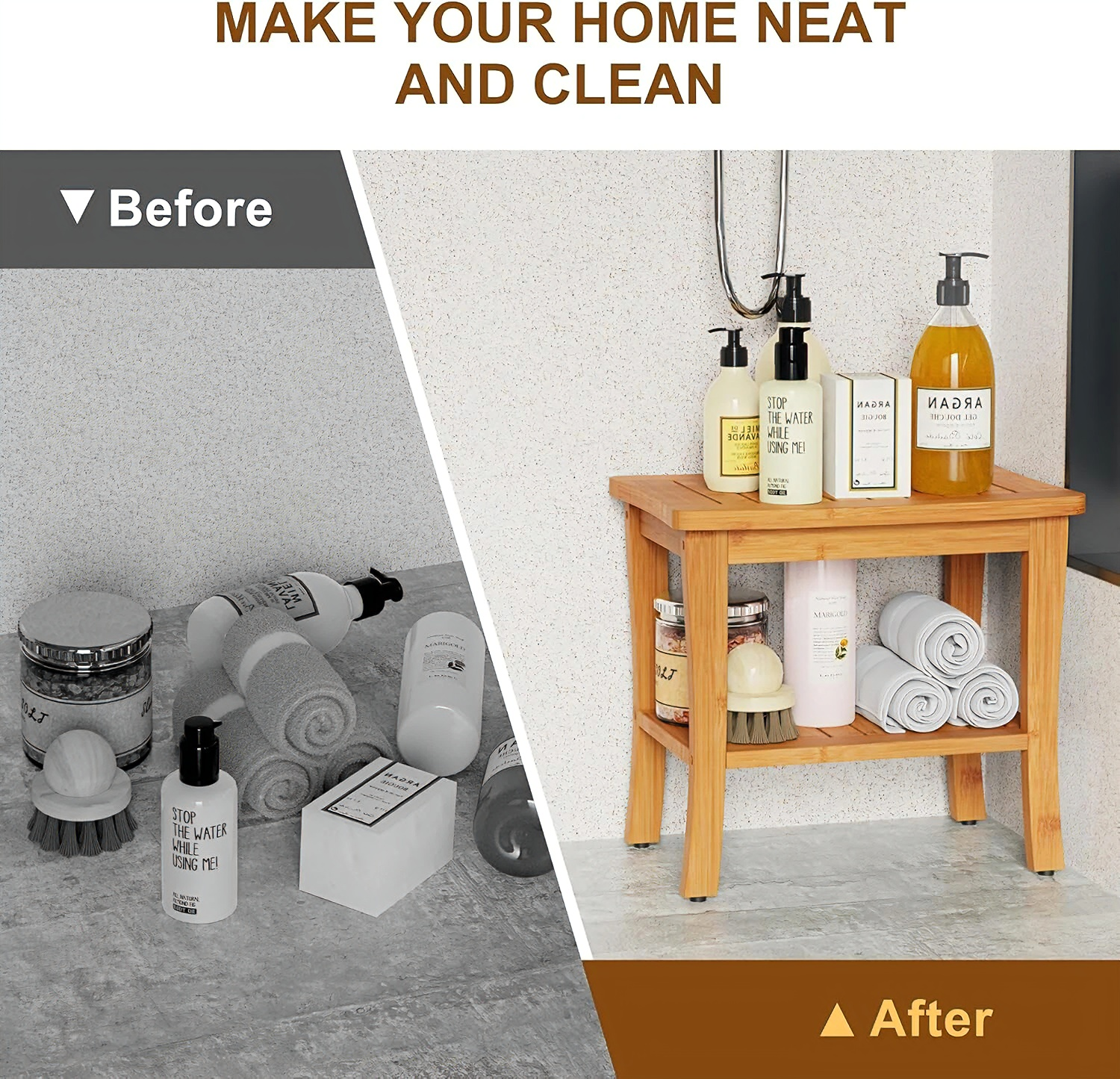 Before and after comparison of a bathroom setup with cleaning products and a wooden shelf.