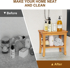 Before and after comparison of a bathroom setup with cleaning products and a wooden shelf.