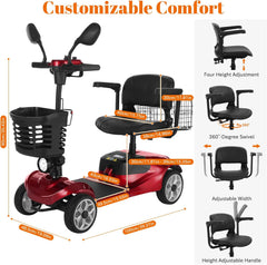 Adjustable seat and ergonomic design of four-wheel mobility scooter for senior comfort