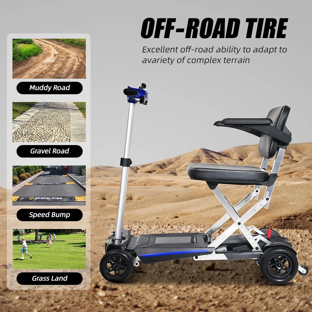 All-terrain mobility scooter riding on gravel, grass, muddy roads, and speed bumps