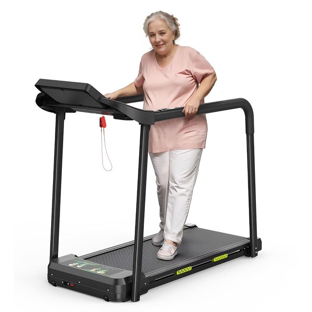 Senior walking safely on treadmill with handrail, elderly home walking exercise