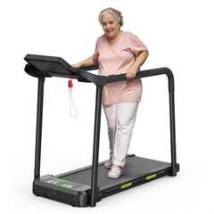 Senior walking safely on treadmill with handrail, elderly home walking exercise