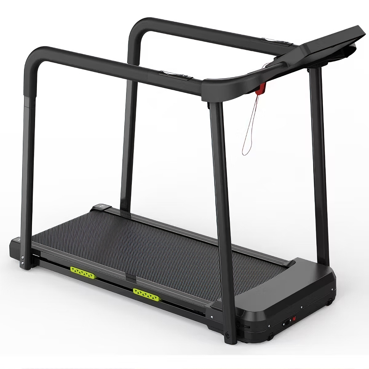 Side view of treadmill for seniors with handrail, stable walking treadmill structure